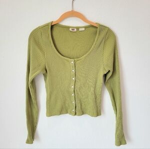 Levi’s Chartreuse Ribbed Button Front Cropped Long Sleeve Shirt Women’s M